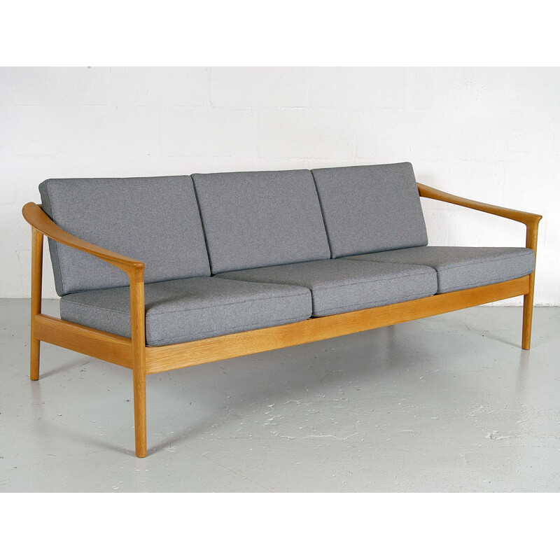 Midcentury 3-Seat Oak and Grey Sofa by Folke Ohlsson for Bodafors Swedish 1960s