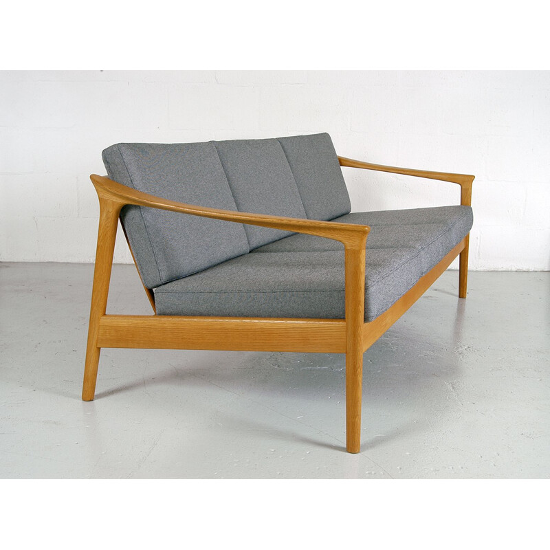 Midcentury 3-Seat Oak and Grey Sofa by Folke Ohlsson for Bodafors Swedish 1960s