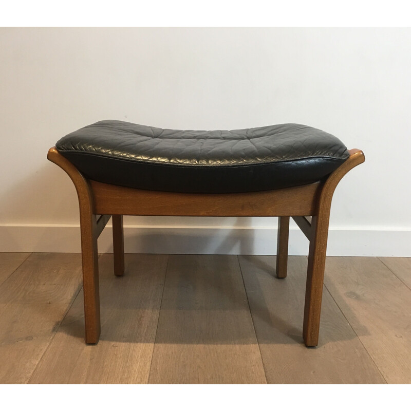 Vintage Wooden Stool with Black Leather Seat 1970