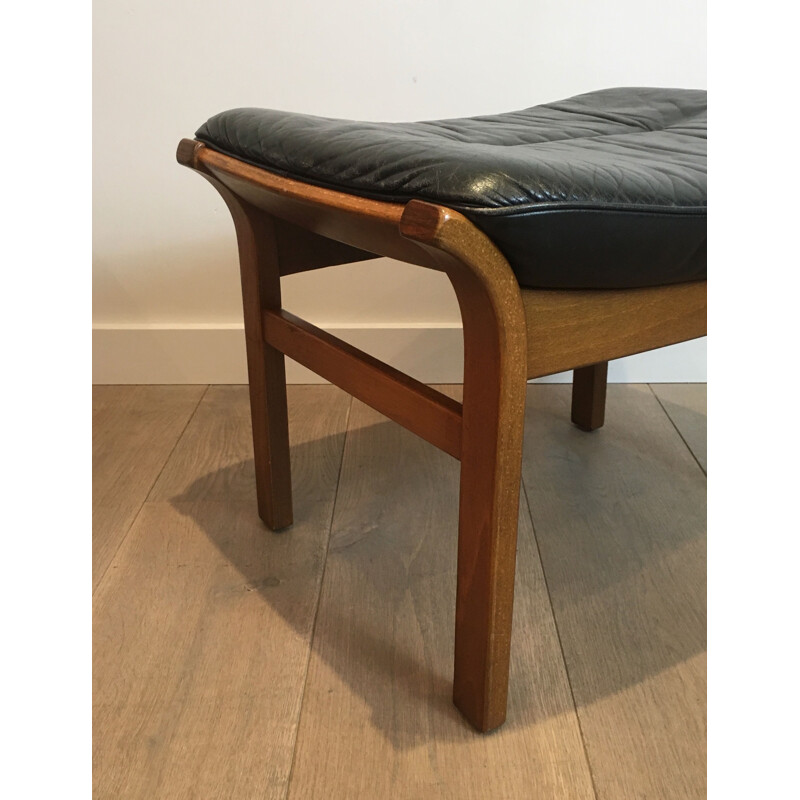 Vintage Wooden Stool with Black Leather Seat 1970