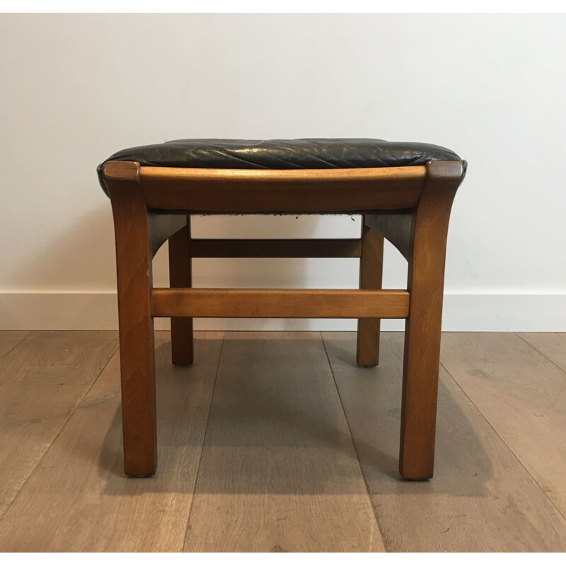 Vintage Wooden Stool with Black Leather Seat 1970