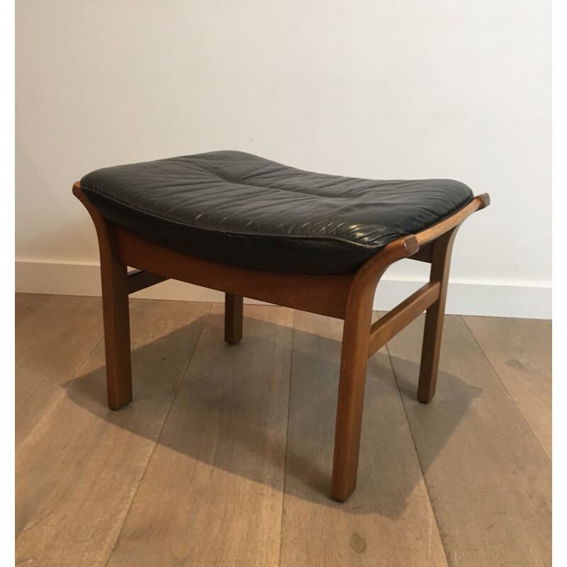 Vintage Wooden Stool with Black Leather Seat 1970