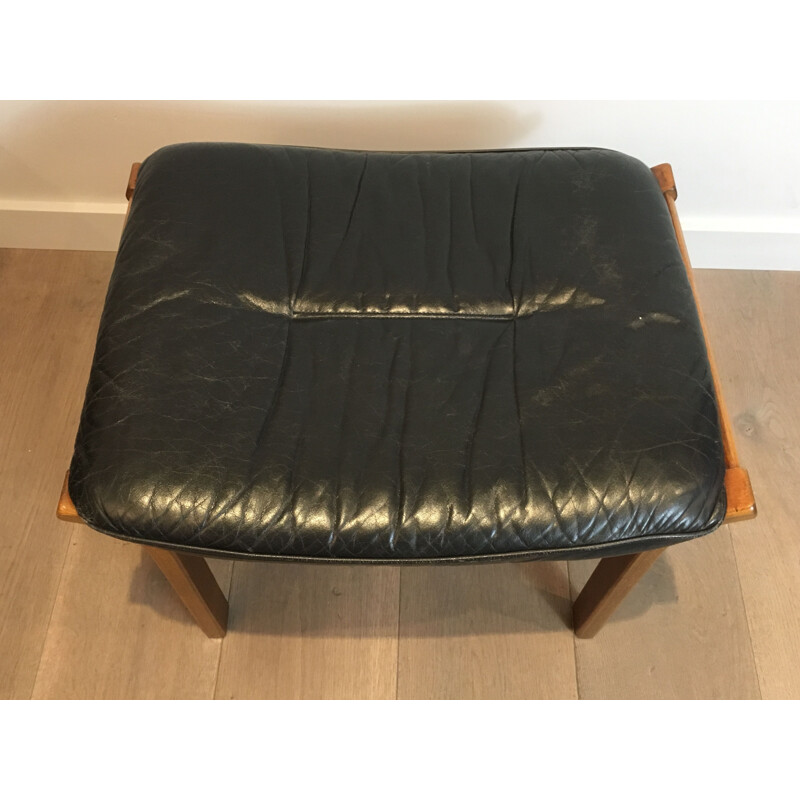 Vintage Wooden Stool with Black Leather Seat 1970