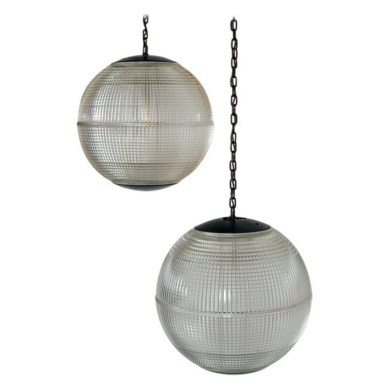 Extra Large Pair Midcentury Parisian Glass Globe Ball Pendant Lights by Holophane French