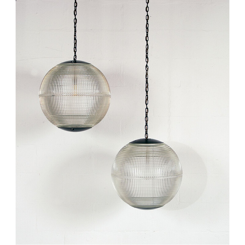Extra Large Pair Midcentury Parisian Glass Globe Ball Pendant Lights by Holophane French