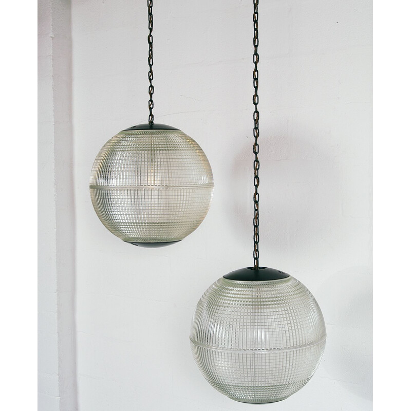 Extra Large Pair Midcentury Parisian Glass Globe Ball Pendant Lights by Holophane French