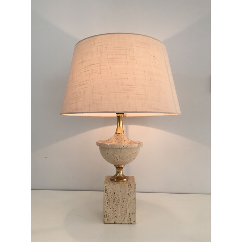 Lampe de table vintage Balustre en Travertin 1970