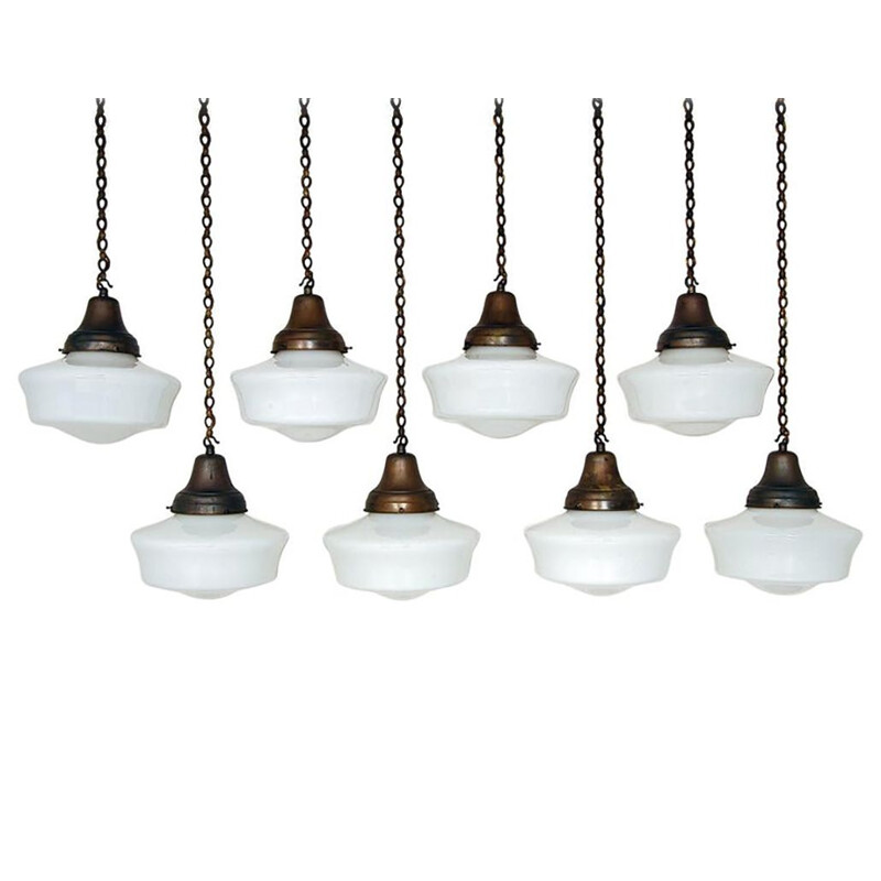 Set of 8 vintage White Opaline Glass Copper Brass Chapel Lights Industrial Art Deco 1930