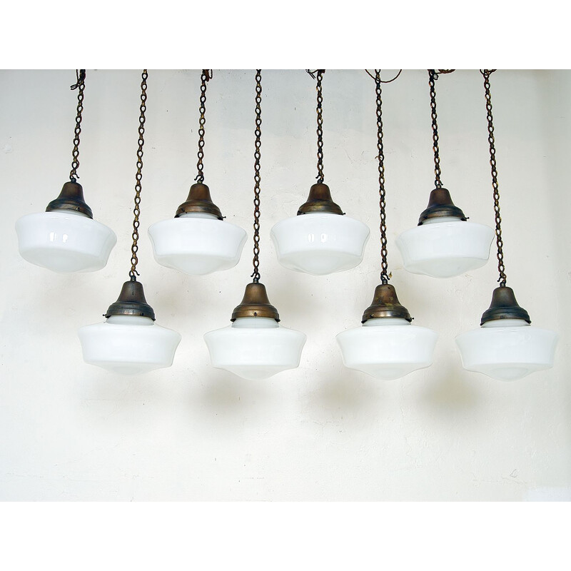 Set of 8 vintage White Opaline Glass Copper Brass Chapel Lights Industrial Art Deco 1930