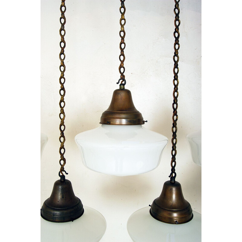 Set of 8 vintage White Opaline Glass Copper Brass Chapel Lights Industrial Art Deco 1930