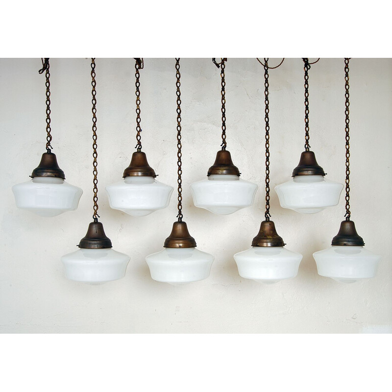 Set of 8 vintage White Opaline Glass Copper Brass Chapel Lights Industrial Art Deco 1930