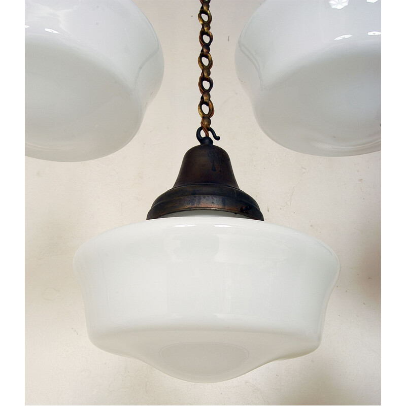 Set of 8 vintage White Opaline Glass Copper Brass Chapel Lights Industrial Art Deco 1930