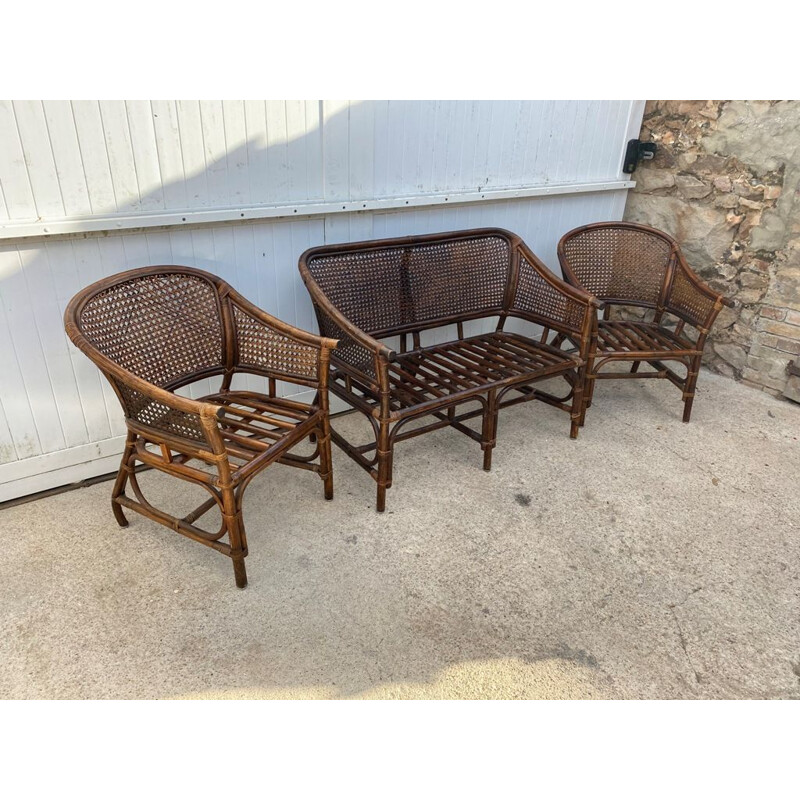 Vintage wickerwork lounge set 2 armchairs and Rattan 1 bench 1970