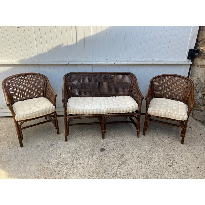 Vintage wickerwork lounge set 2 armchairs and Rattan 1 bench 1970