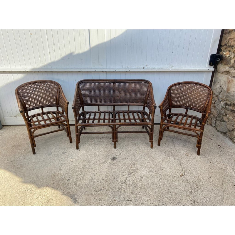 Vintage wickerwork lounge set 2 armchairs and Rattan 1 bench 1970