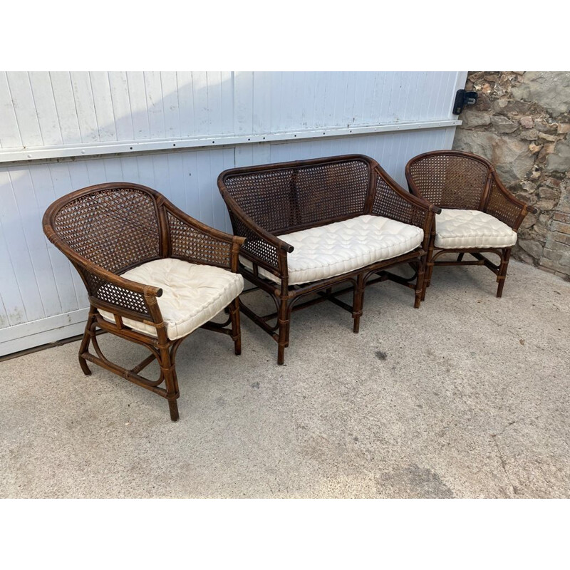 Vintage wickerwork lounge set 2 armchairs and Rattan 1 bench 1970