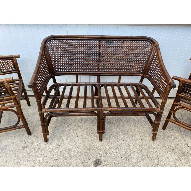 Vintage wickerwork lounge set 2 armchairs and Rattan 1 bench 1970