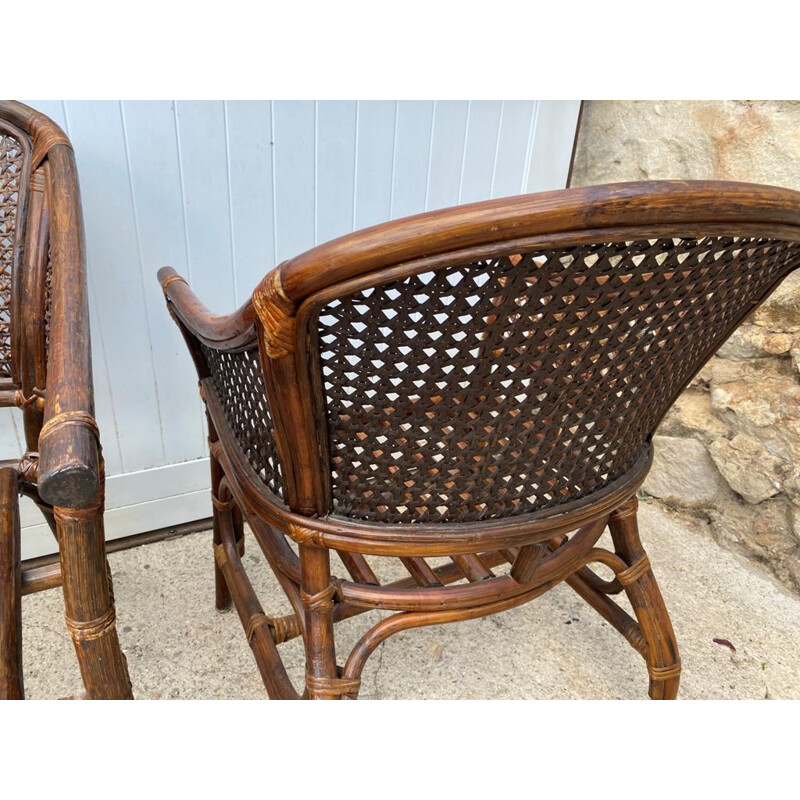Vintage wickerwork lounge set 2 armchairs and Rattan 1 bench 1970