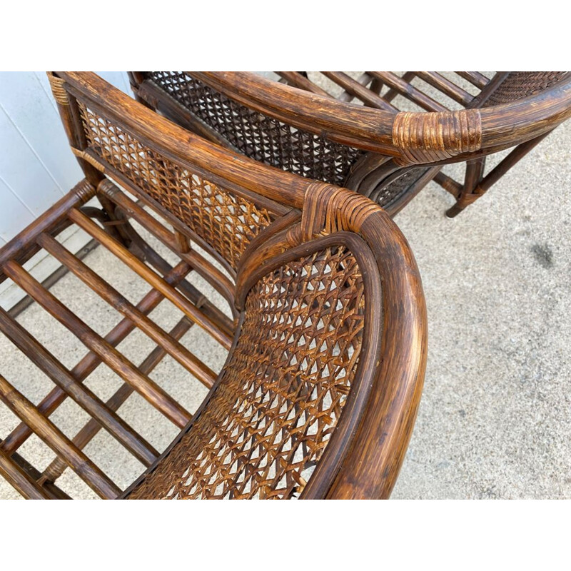 Vintage wickerwork lounge set 2 armchairs and Rattan 1 bench 1970