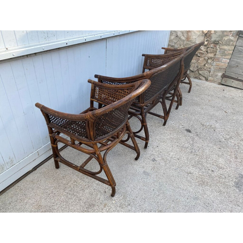 Vintage wickerwork lounge set 2 armchairs and Rattan 1 bench 1970