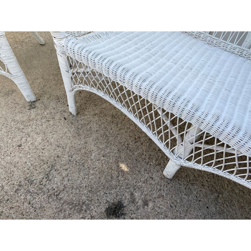 Vintage white rattan lounge set 2 armchairs and 1 bench 1 coffee table 1970