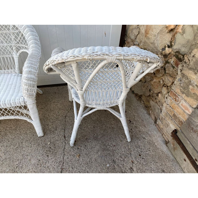 Vintage white rattan lounge set 2 armchairs and 1 bench 1 coffee table 1970