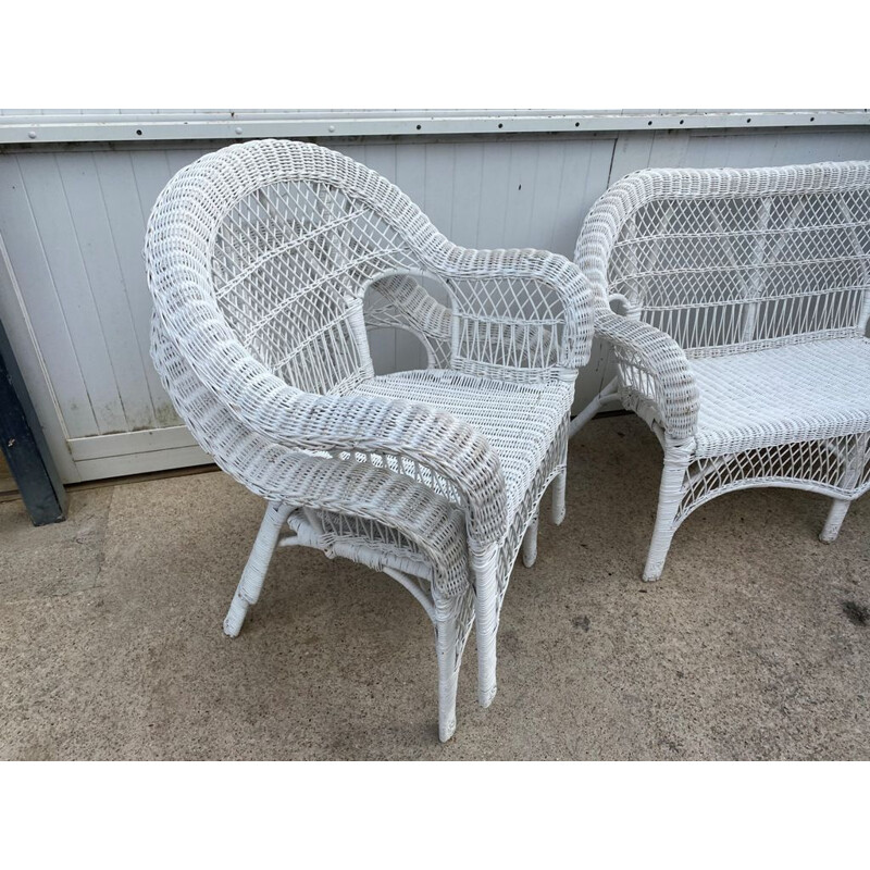 Vintage white rattan lounge set 2 armchairs and 1 bench 1 coffee table 1970