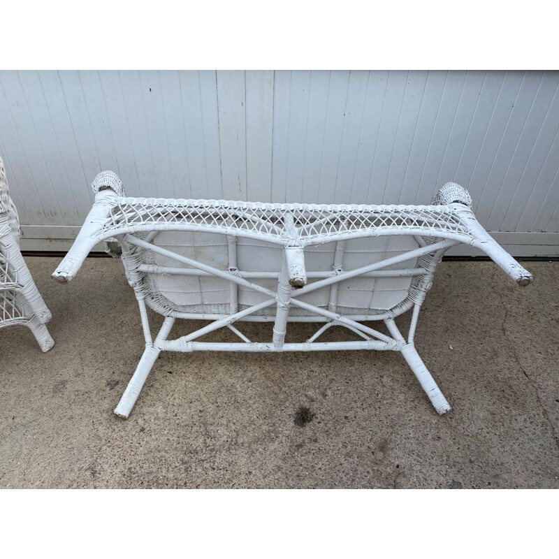 Vintage white rattan lounge set 2 armchairs and 1 bench 1 coffee table 1970