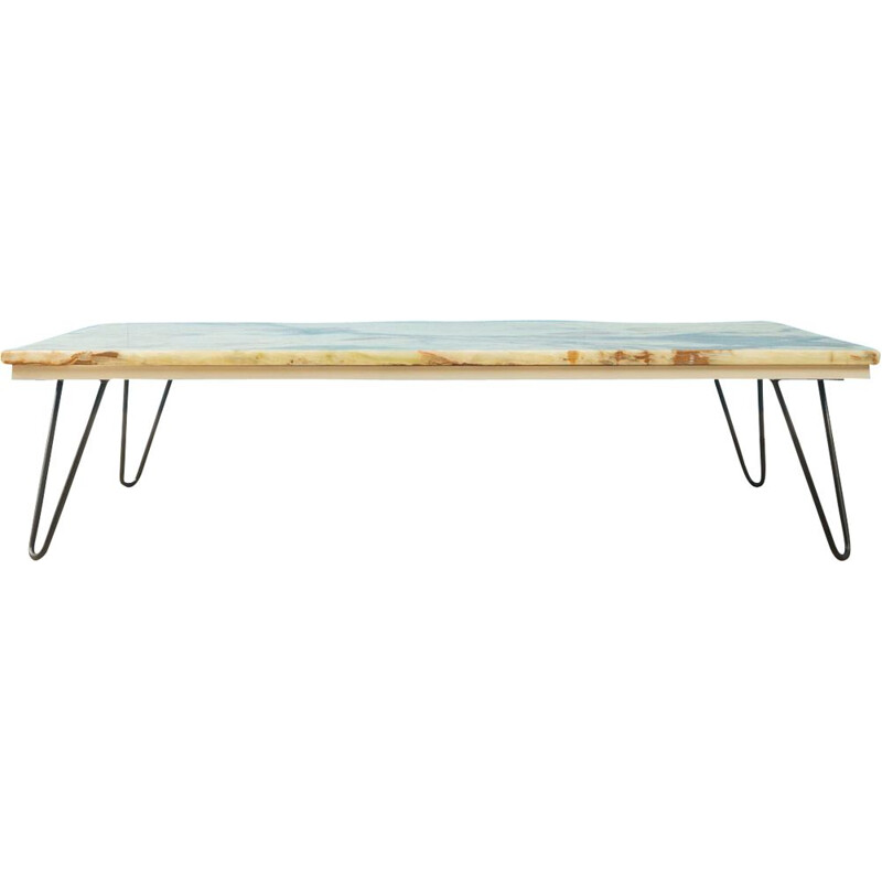 Vintage Coffee table with a marble top in shimmering beige tones and brown accents 1960s