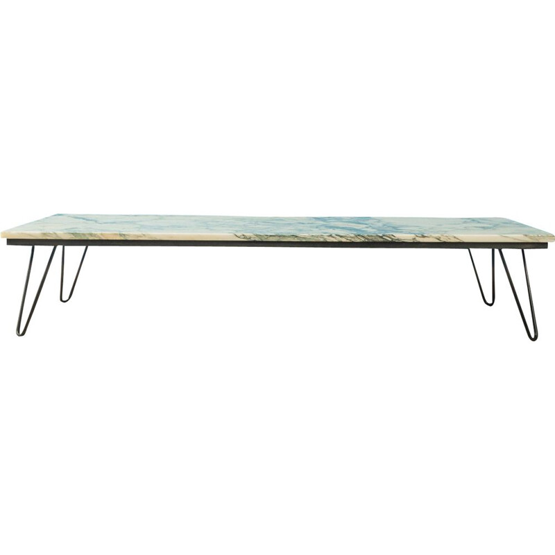 Vintage Coffee table with marble top in cream tones and accents in petrol  turquoise  black 1960s