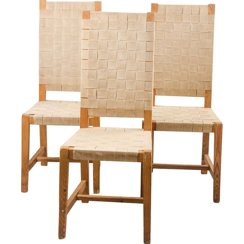 Set of 3 vintage dining chairs in Pine and Straps, France, 1950
