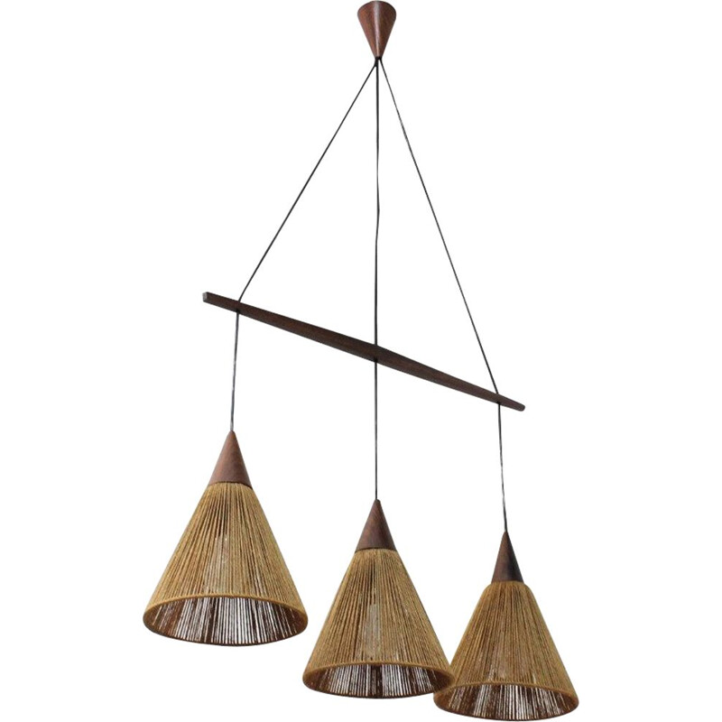 Vintage rope and teak chandelier Danish 1950