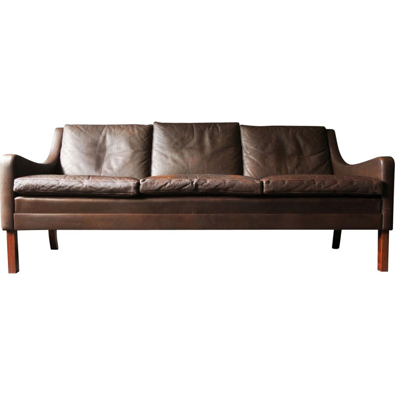 Canapé 3 places vintage en cuir brun foncé, pieds en palissandre danois 