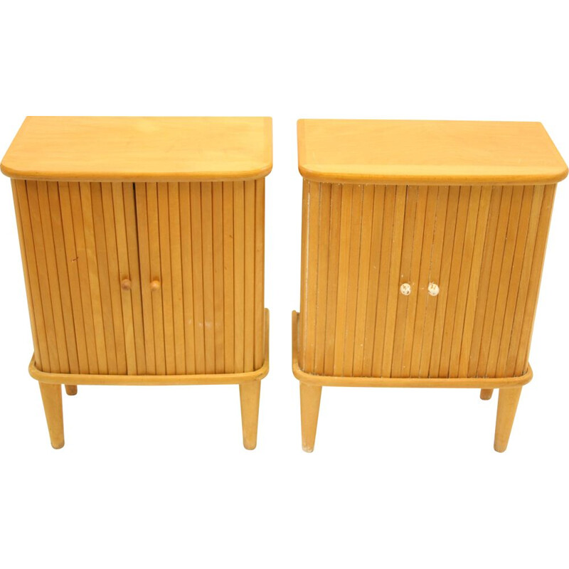 Pair of bedside table with roller doors made of beech wood