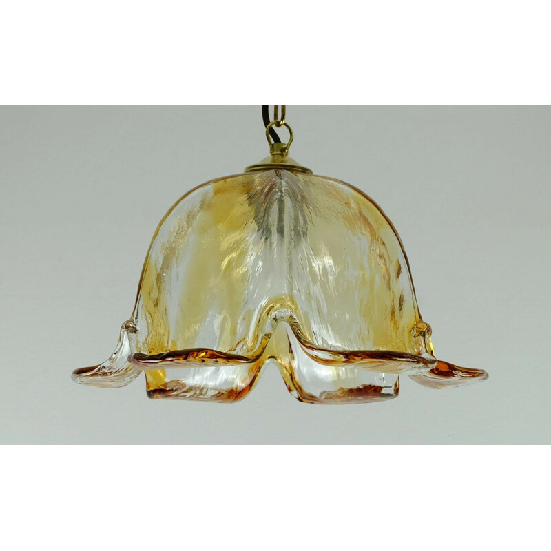 Mid century pendant light murano glass amber glass brass mazzega 1970s