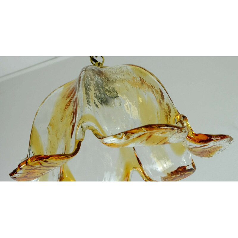 Mid century pendant light murano glass amber glass brass mazzega 1970s