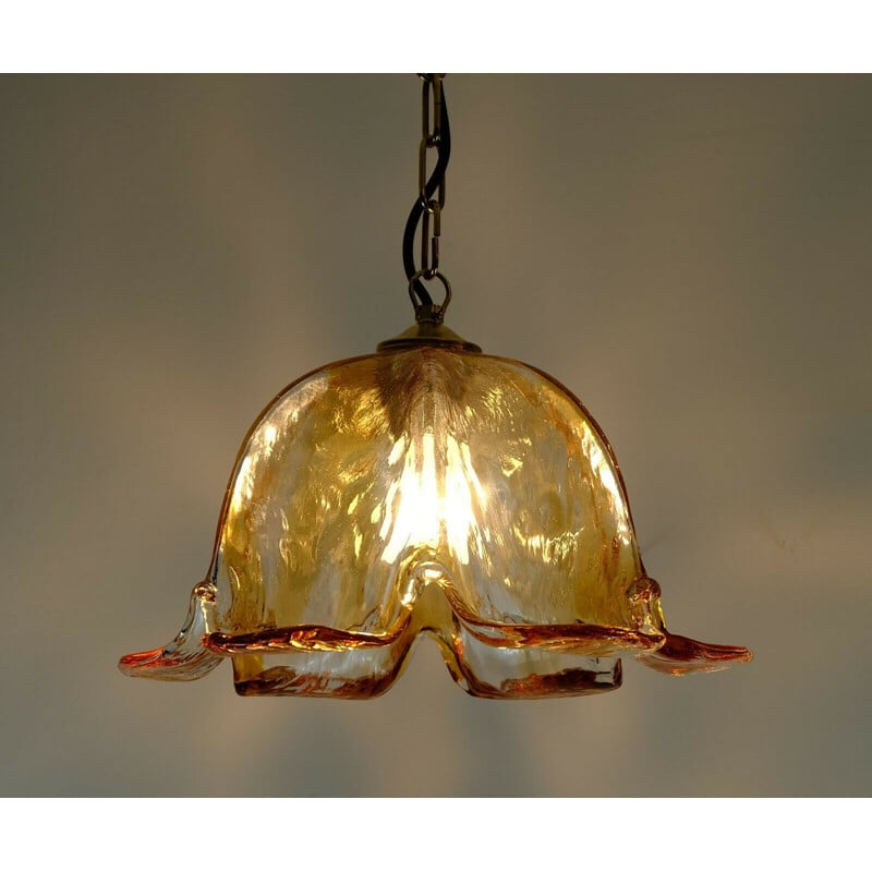 Suspension vintage lumière verre de murano verre ambré laiton mazzega 1970