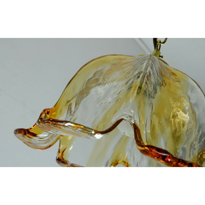 Mid century pendant light murano glass amber glass brass mazzega 1970s