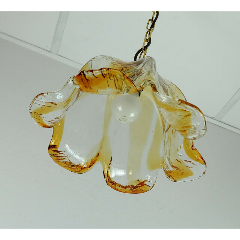 Mid century pendant light murano glass amber glass brass mazzega 1970s