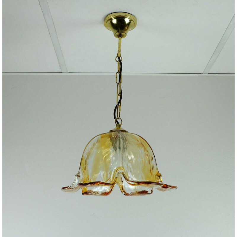 Mid century pendant light murano glass amber glass brass mazzega 1970s