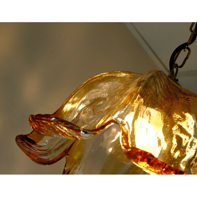 Mid century pendant light murano glass amber glass brass mazzega 1970s