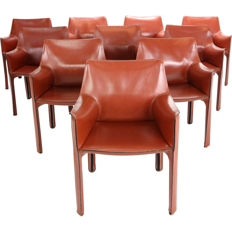 Set of 10 vintage Cab 413 leather dining chairs by Mario Bellini for Cassina Italy 1980s