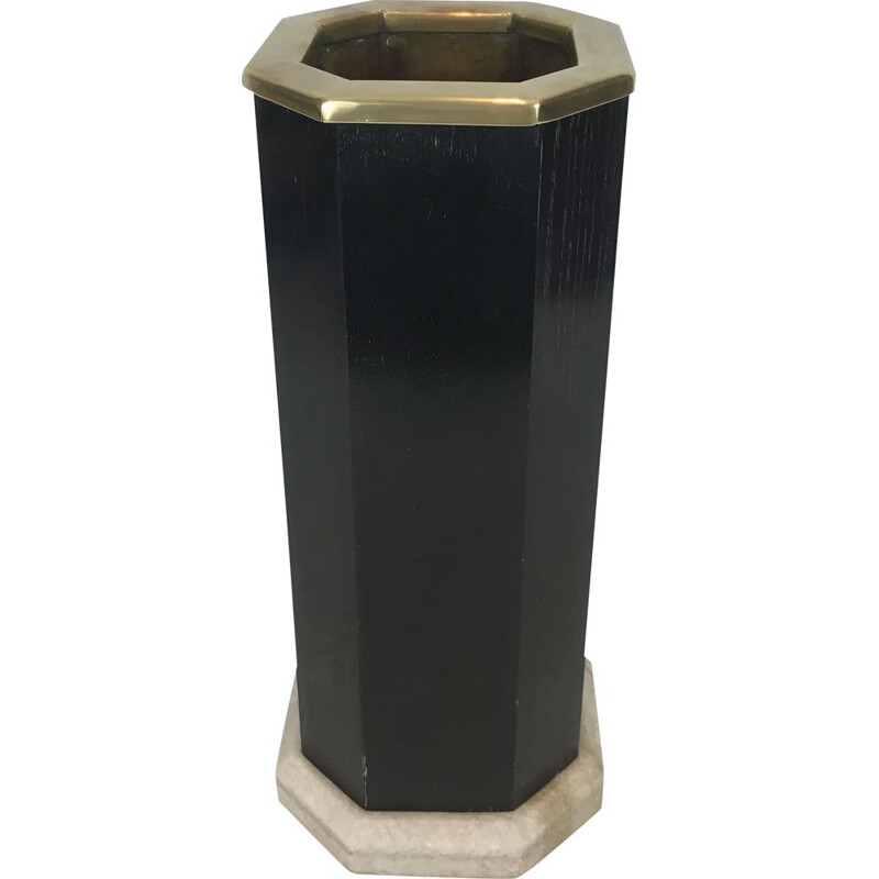 Vintage umbrella stand in blackened wood, brass and marble, 1950