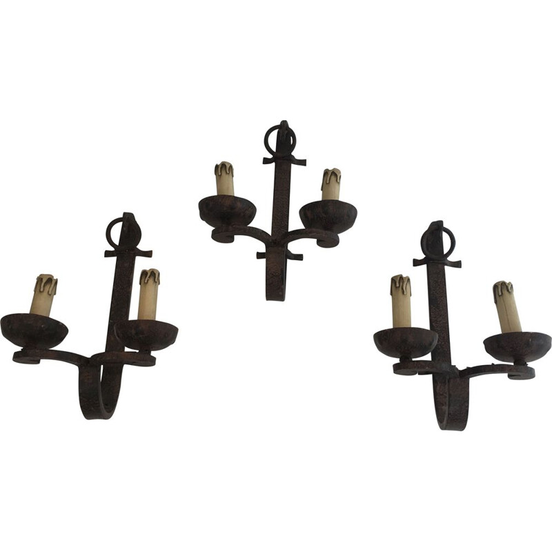 Set of 3 vintage wrought iron wall lamps, 1950