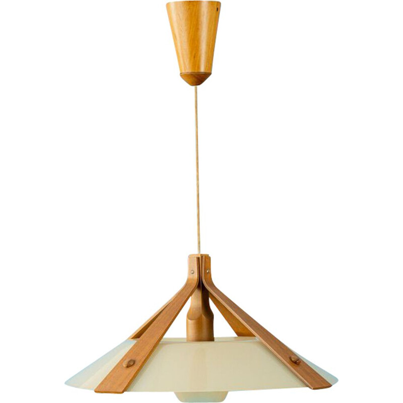 Suspension vintage Abat-jour en plastique sur teck Scandinave 1960