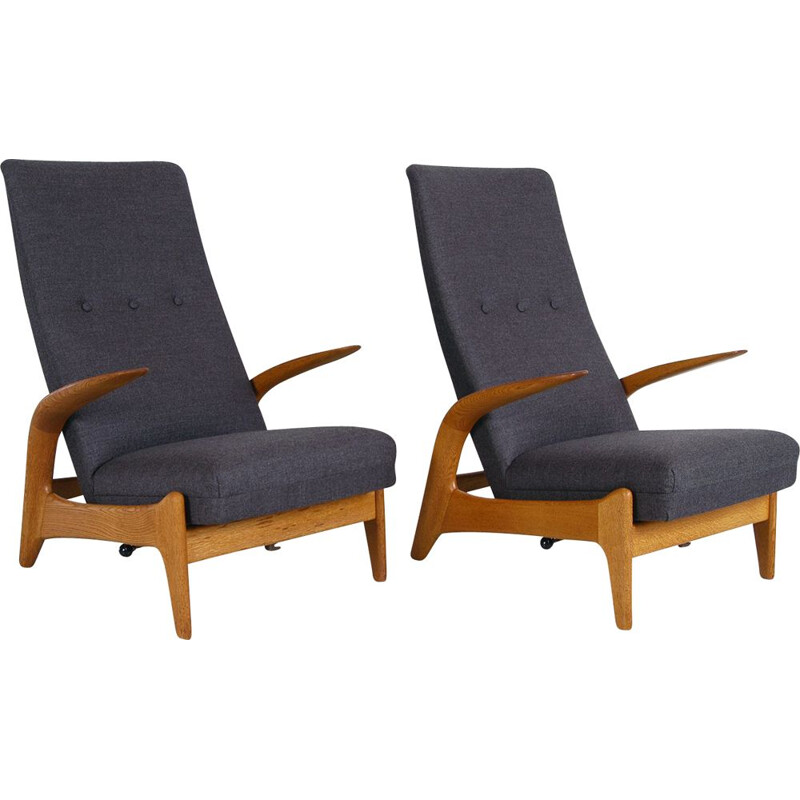 Pair Midcentury Rest Lounge Chairs Oak + Grey Rock 'n' by Rastad & Relling 1960s