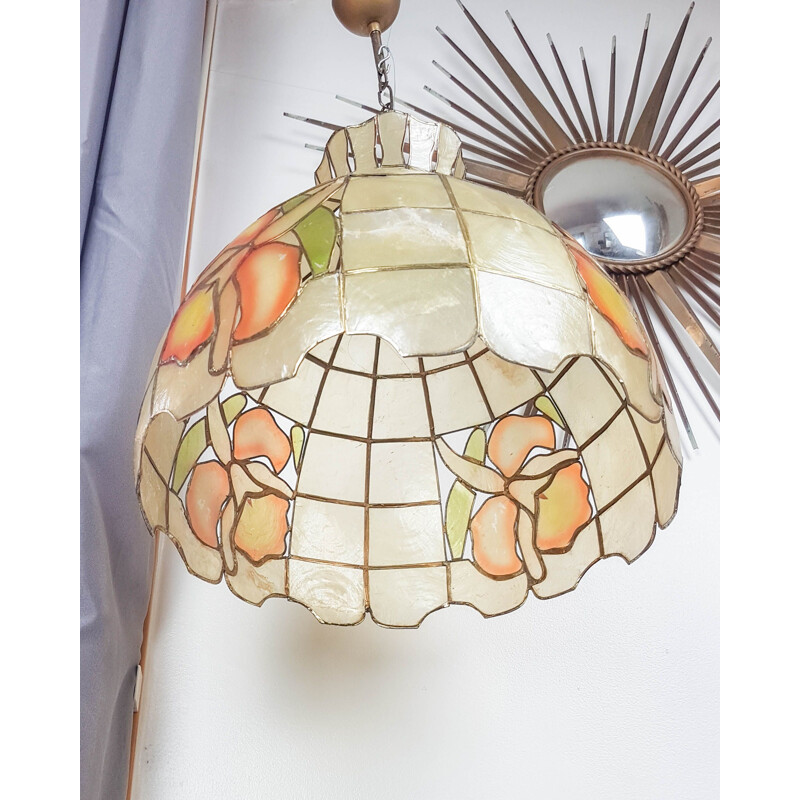 Vintage mother-of-pearl and brass pendant lamp, 1950