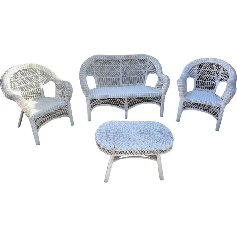 Vintage white rattan lounge set 2 armchairs and 1 bench 1 coffee table 1970