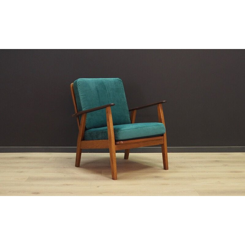 Vintage green armchair in velour oak wood Danish 1970