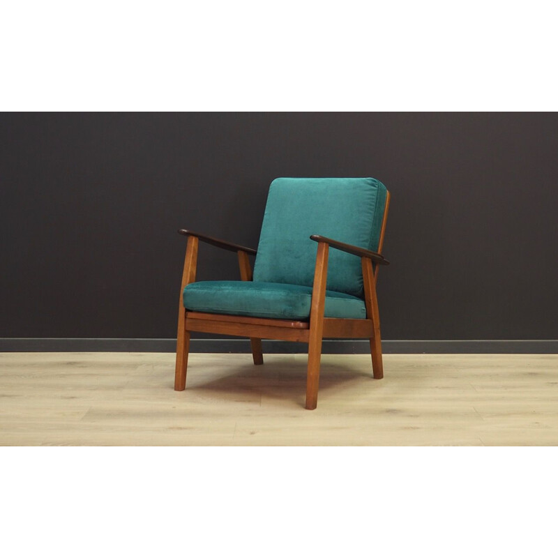 Vintage green armchair in velour oak wood Danish 1970